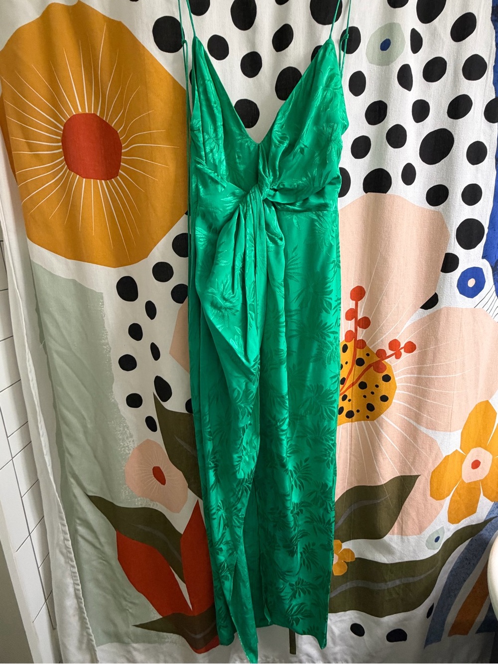 Free People Emerald Green Satin Maxi Dress with Front Knot
